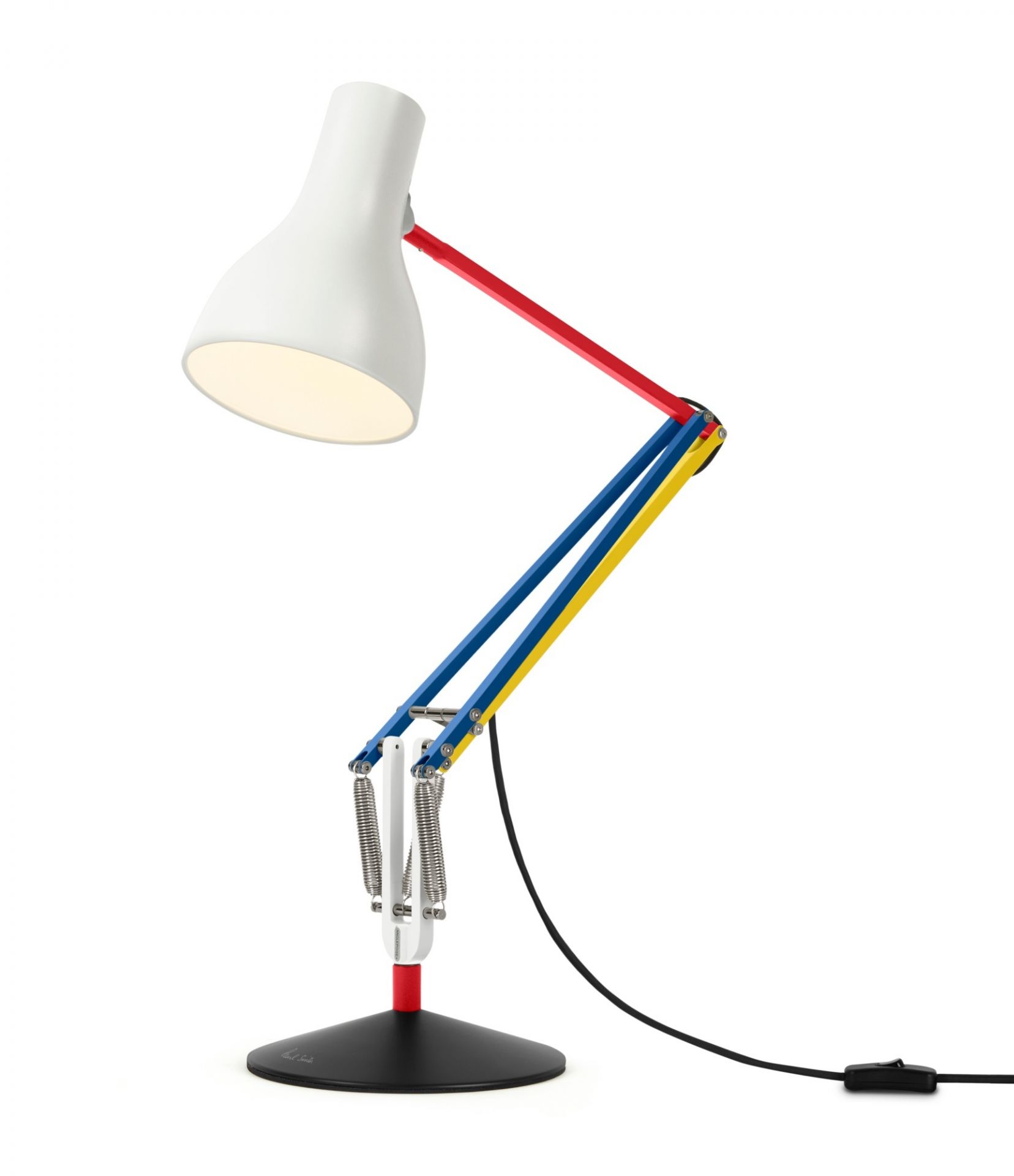 Anglepoise Type 75 Paul Smith Edition 3 Tischleuchte mit weißem Lampenschirm und farbigem, verstellbarem Arm.